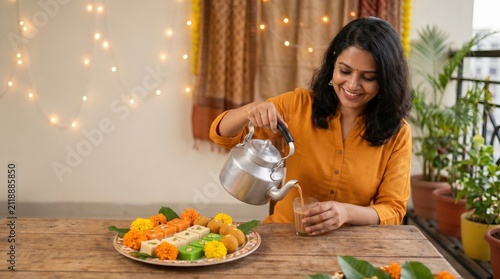 Smiling Indian woman pouring chai for India's Independence Day celebration