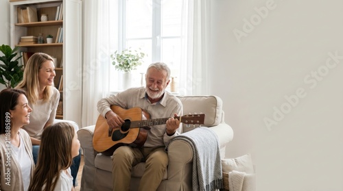 Senior Citizen Day: Smiling Senior Man Playing Acoustic Guitar at Home