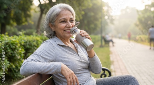 Senior Woman Drinking Water in Park for Senior Citizen Day