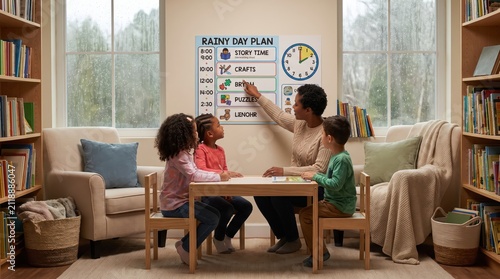 Teacher and children planning Summer Childcare, Camps & Activity Schedules