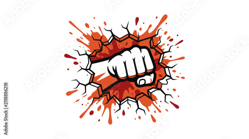 Fist punching through a cracked wall with red splashes.