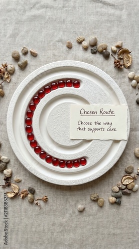 White Ceramic Dish with Red Beads Forming a Path for Blood Donation Choices