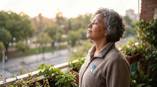 Woman with Lungs Awareness Ribbon on Balcony for World Lungs Day