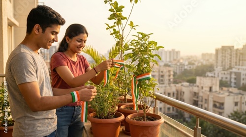 Young Indian Couple Decorates Plants with Tricolor Flags for India's Independence Day Celebration