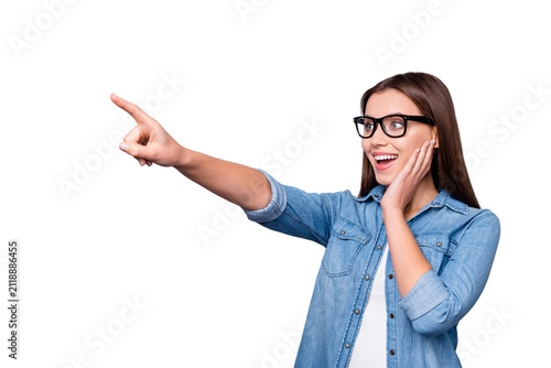 Bild auf Leinwand Profile side photo astonished crazy geek girl rest relax walk see incredible new