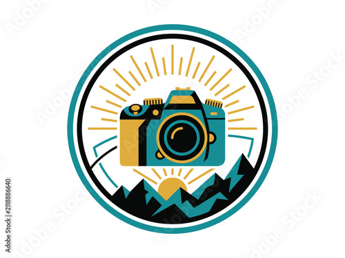 Foto Badge style landscape photography illustration featuring photographer camera
