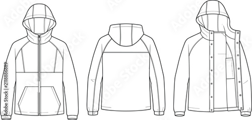 Blank hooded windbreaker jacket technical flat sketch vector illustration with front back and open views