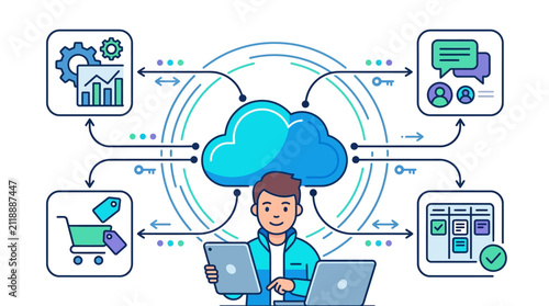 Minimalist Cloud API Connectivity and Software Application Integration Network Vector Illustration