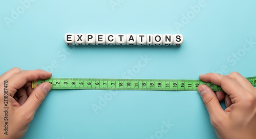 Hands holding a measuring tape below the word Expectations on a blue background.
