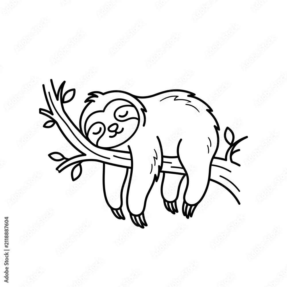 Fototapeta premium Cute Sleeping Sloth Resting on a Tree Branch Line Art Illustration for Coloring Page