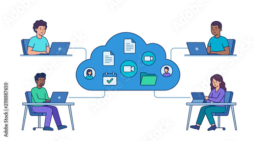 Diagrammatic Cloud Collaboration Connecting Remote Teams and Shared Documents Editable Vector Graphic