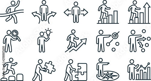 Business strategy and career path thin line icon set featuring goal orientation teamwork and problem solving,
