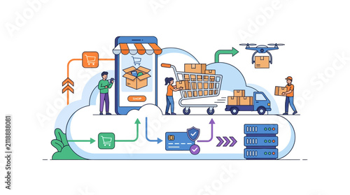 Minimalist Cloud E-Commerce Platform and Online Shopping Infrastructure Editable Vector Graphic