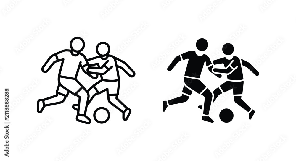 Obraz premium Soccer Players Competing for Ball, Dynamic Action Icon Set, Sports Teamwork Graphic