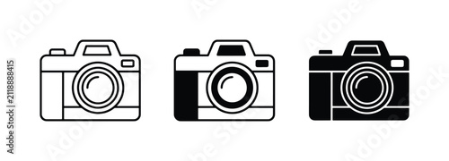 Camera Icons Set: Minimalist Line Art and Solid Silhouettes for Photography and Design Projects
