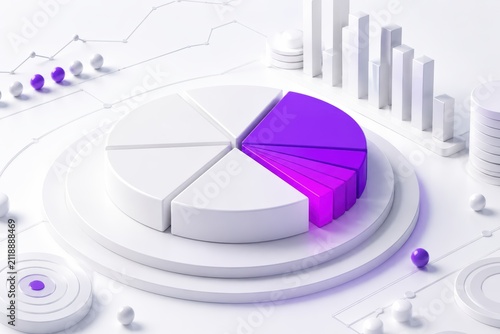 Data Visualization: A modern digital representation of data using a pie chart and bar graphs, showcasing analytics and financial growth with purple and white accents.