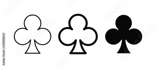 Three Clover Card Suits, Vector Icons: Outline, Bold Line, Solid Black, Gambling Symbols, Game Elements