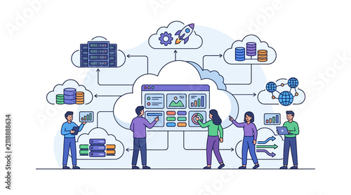 Cloud Resource Management and Centralized Control System Text Banner with Flat Style