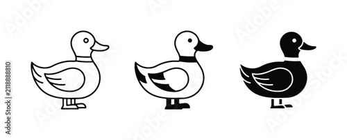 Three Duck Icons, Vector Graphics: Outline, Filled, Silhouette. Simple Animal Illustrations for Design.