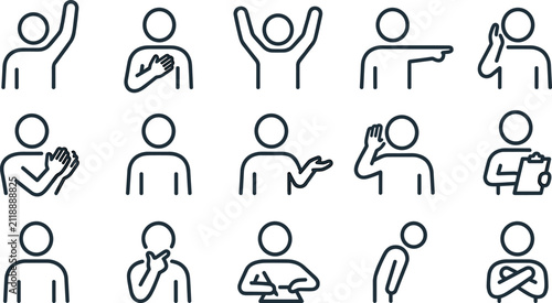 Human gestures and body language thin line icon set featuring business communication listening and presenting,