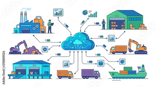 Cloud Supply Chain and Logistics Network Text Banner with Diagrammatic Style