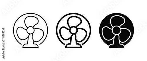 Three Fan Icons: Line Art, Outline, and Solid Black Vector Graphics for Cooling and Airflow Concepts