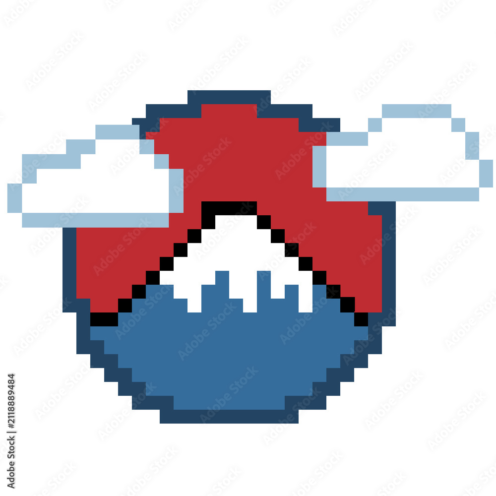 Fototapeta premium Pixel Art Mount Fuji with Red Sun and Clouds