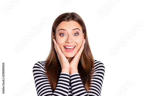 Fotografía Close up photo of charming lady touching her face with palms screaming  wearing