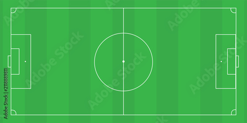 Top-down view of a soccer field. Grass soccer field with chalk lines. Green grass field background. Soccer Vector – Soccer Field. Soccer field layout and markings.