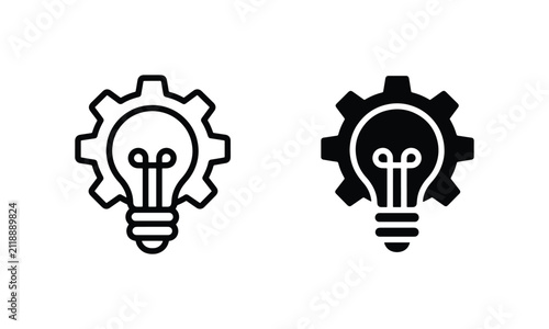 Innovation Concept, Gear and Lightbulb Icons Set. Creative Idea, Solution, and Engineering Symbols. Technology and Business Brainstorming Graphics.