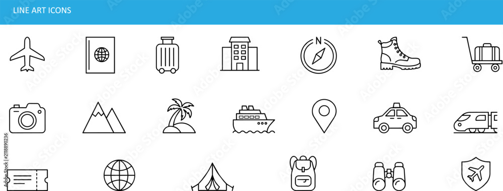 Fototapeta premium Icon On Minimalist travel line art icons set, modern vacation and tourism vector symbols, 21 outline adventure elements for web and mobile apps ,Clean grouped each Icon