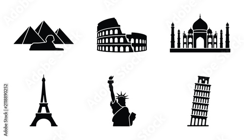 Iconic Global Landmarks Collection, Vector Set of Famous World Architecture, Travel Destination Symbols, Monument Silhouettes, International Tourism Graphics