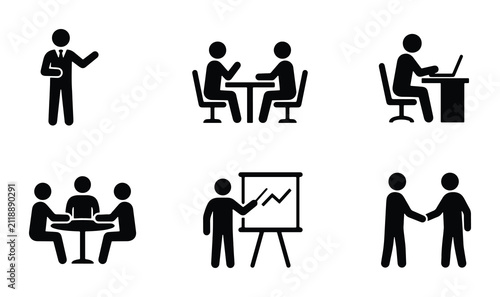 Business Meeting Icons Set, Professional Collaboration Graphics, Corporate Teamwork Pictograms, Office Interaction Symbols