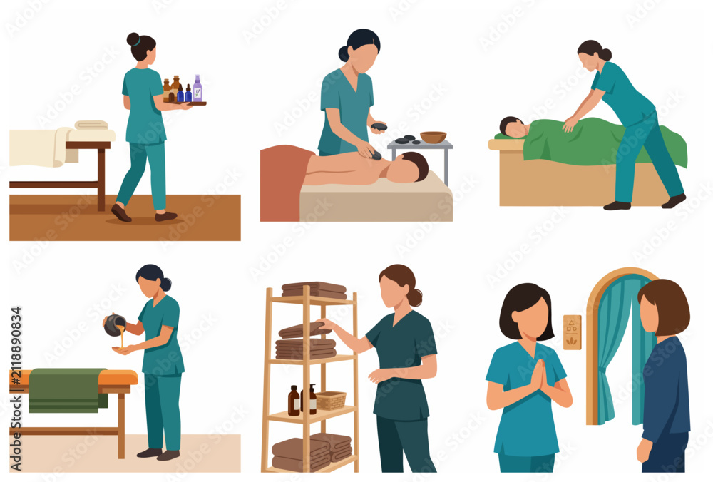 Fototapeta premium Flat vector illustration of spa massage services and wellness treatments set.