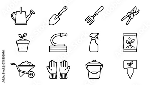 Gardening Tools and Plant Care Outline Icon Set