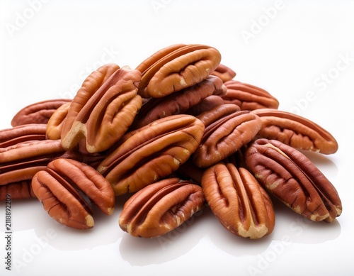 a pile of whole pecan halves with a crunchy texture and rich brown color isolated on a white background for artisan baking and pie making pecan raw healthy