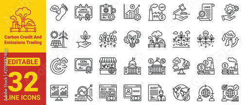Cuadro en lienzo Carbon Credit and Emissions Trading Line Icons Set for Carbon Market, Carbon Off