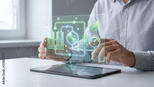 Businessman interacting with a holographic hydrogen energy system diagram above a tablet, representing green hydrogen, renewable energy innovation, and clean fuel technology