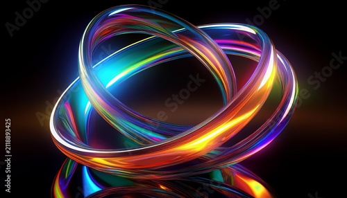 abstract iridescent glass rings rippling with light dispersion and reflection on a black background