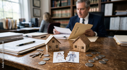 Divorce Proceedings: A solemn lawyer reviews documents in his office, with symbolic representation of a broken marriage, two houses, keys, and scattered coins on the desk.