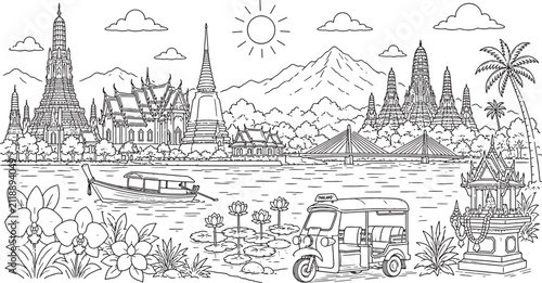 Thailand Landmarks and Cultural Symbols Hand Drawn Doodle Illustration