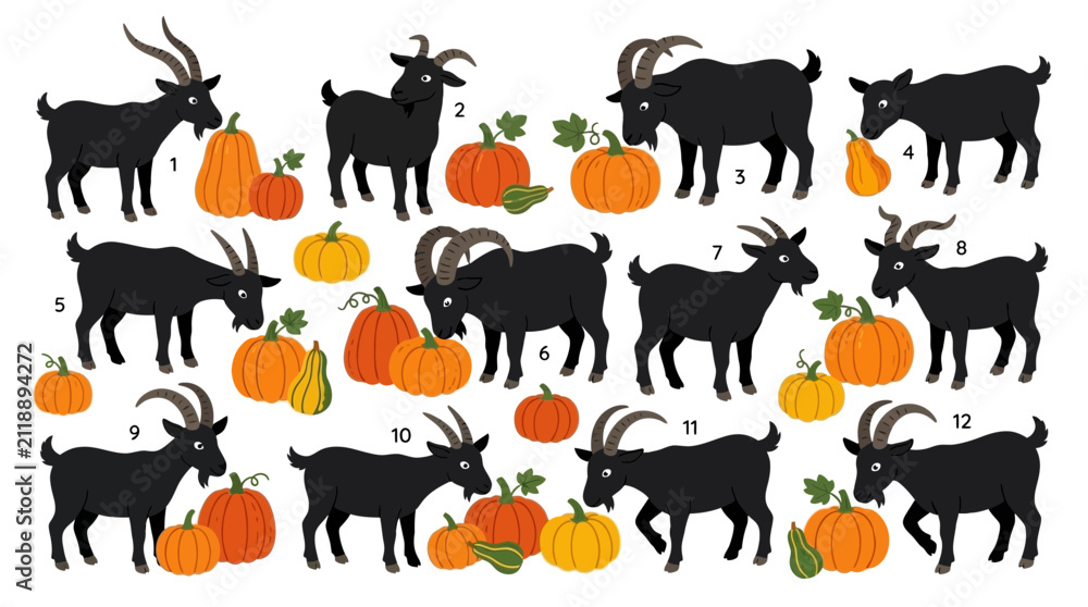 Obraz premium A collection of twelve cute black goats standing next to various orange pumpkins and gourds in a fun autumn harvest illustration