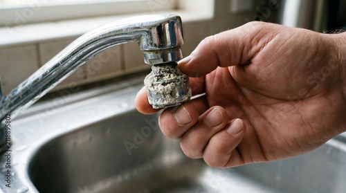 Hand Holding Corroded Limescale Covered Kitchen Faucet Aerator - Limescale Buildup and Faucet Aerator Plumbing Maintenance Concept