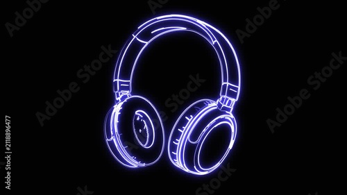 Headphones symbol with glowing blue neon light path effect on plain black background