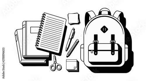 A black and white illustration of school supplies and a backpack on a white background