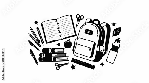 A black and white illustration of school supplies and a backpack (7)