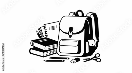 A black and white illustration of school supplies and a backpack (5)