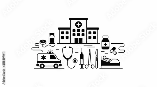 A black and white illustration of medical elements including a hospital