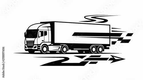 A black and white illustration of a speeding truck with motion blur