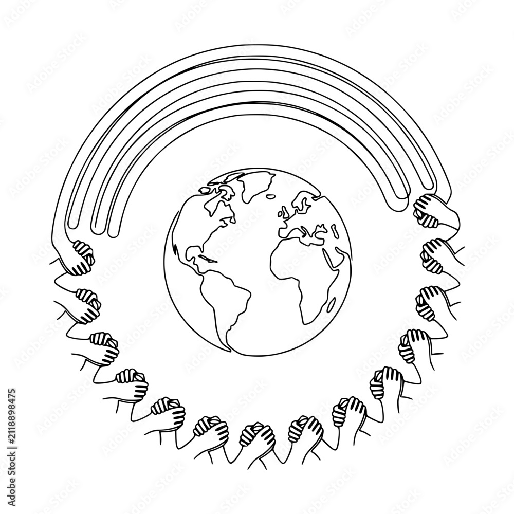 Obraz premium Global Unity Hands Circle Around Earth Illustration, Rainbow Arch Connection
